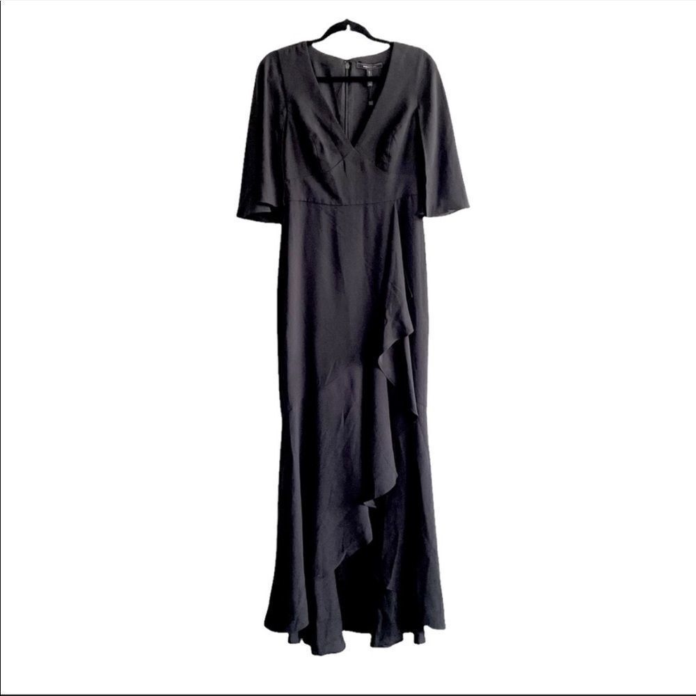 BCBGMAXAZRIA Cape Sleeve V-Neck Asymmetrical Ruffle Maxi Dress Gown Black 4